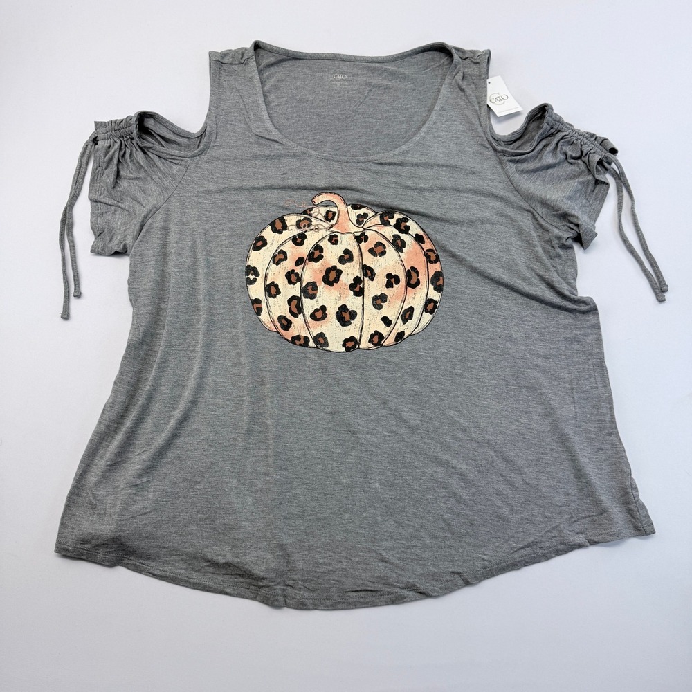 Cato Gray Cold Shoulder Leopard Pumpkin Graphic Tee Top XL